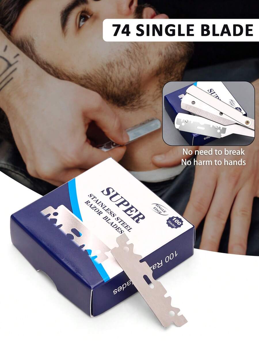 100片/盒 不锈钢74型半刃剃须刀片,兼容老式剃须刀,可用于剃须和修眉 - 銀色 - 查看 1