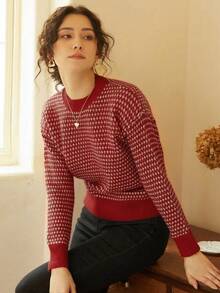 Knit Mix 女士条纹针织衫，适合秋冬季节，休闲撞色长袖上衣，完美适用于春季、圣诞节、新年、情人节等各种场合，展现优雅复古风情，是返校季和秋季时尚度假的理想之选。 - 紅色 - 查看 3