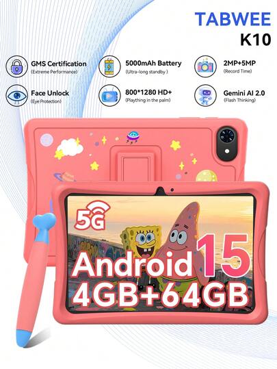 TABWEE Tablet PC da 10,1 pollici per bambini, Android 15 K10 Tablet PC, tablet per l'apprendimento e l'istruzione, risoluzione HD+ IPS 1280*800, processore quad-core, 12GB (4+8) di RAM, 64GB di spazio di archiviazione espandibile fino a 1TB con scheda TF, batteria da 5000mAh, doppi altoparlanti, WiFi (adattatore non incluso)