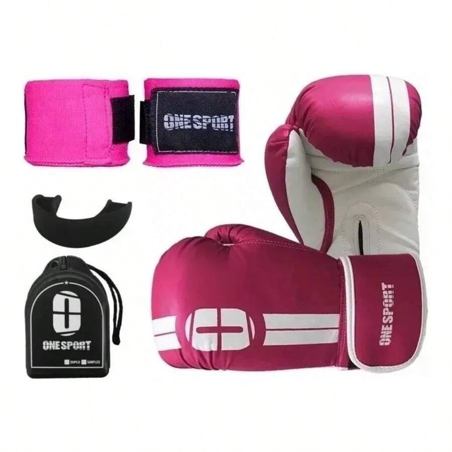 Muay Thai Kit Boxing Gloves + Elastic Bandage + Mouth Guard - 玫紅色 - 查看 1