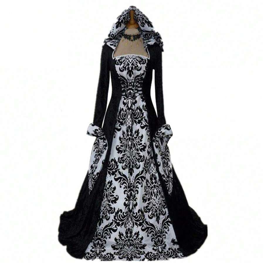 Plus Size - Plus Size - Plus Size - Elegant Women'S Vintage Medieval Dress - Long Sleeve Hooded Gown With Floral Print, Fitted Waist & Bell Sleeves, Square Neckline, Ruched Bust Detail, All-Season Party & Banquet Attire, Plus Size, Halloween Costume, Formal Event Attire, Sophisticated Craftsmanship, Beautiful Floral Print For Halloween, Stage, Banquet, And Party Halloween Costumes Costume Disfraz De Mujer Costumes For Woman Halloween Costume Costume Women Disfraz De Mujer Halloween Mujer Disfraz Disfraz Disfraz Halloween Mujer - trắng - Xem 1
