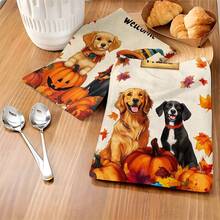 2pcs/100pcs Thanksgiving Autumn Pumpkin And Dog Print Pattern Kitchen Towel Set, Suitable For Restaurant, Kitchen, Bathroom Interior Decoration, Party Decoration, Holiday Gift, Can Be Given As A Thanksgiving Gift - Multicolor - View 4