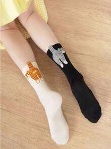 2 /4Pairs Random Cat & Bell Design Casual Mid-Calf Socks, Funny & Cute For Summer, Fall - Multicolor - View 7