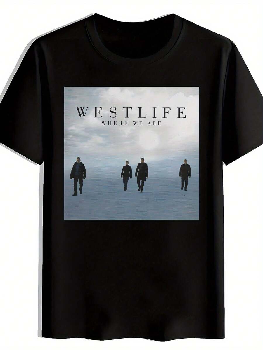 [Rock Band] Rock Band Graphic T-Shirt - Westlife Where We Are, Retro Rock Band Print, Casual Summer Tee For Men, Crew Neck Polyester, Music-Inspired Design, Band T Shirts - 黑色 - 查看 1