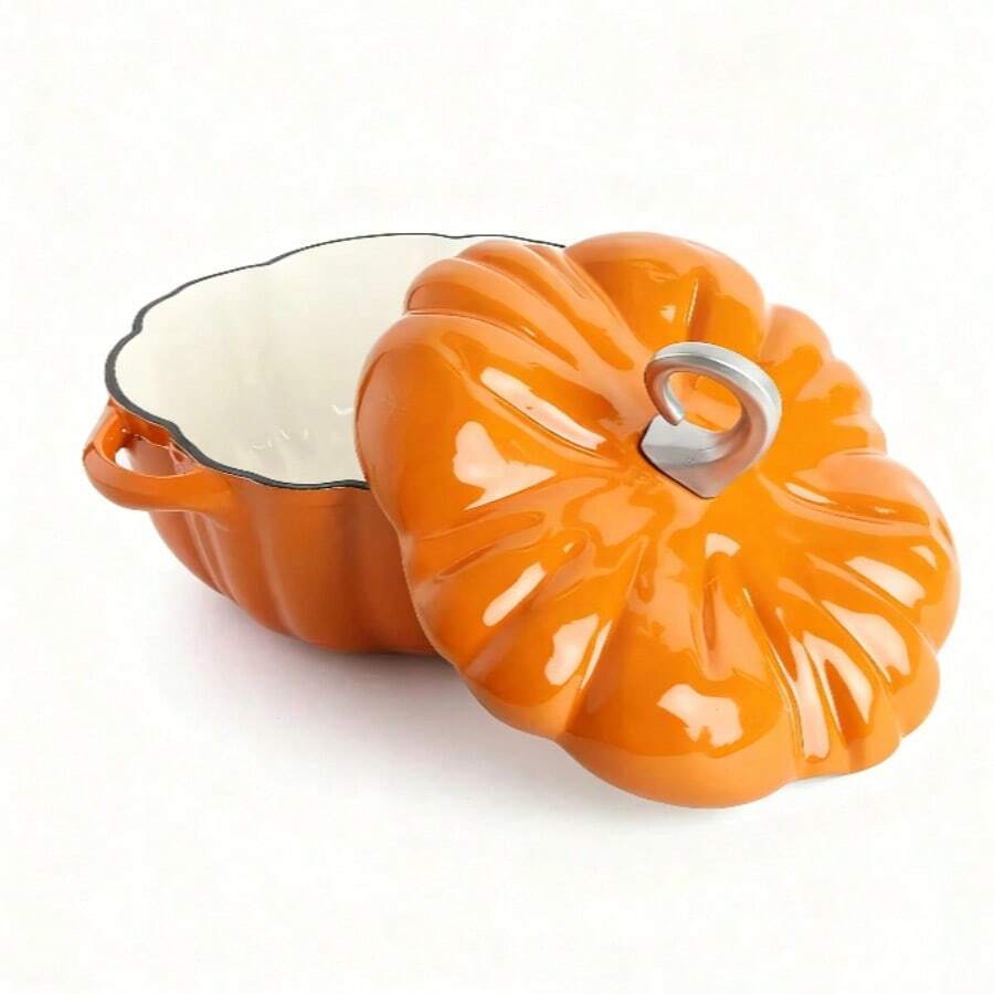 24cm Pumpkin Cast Iron Enamel Stew Pot With Non-Stick Coating, 3.76Liter Saucepan Large Casserole, Orange