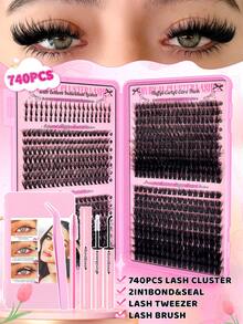 780/280PCS Fluffy D Curl Natural Look Individual Lash Clusters 5 Styles 9-16mm Extra Thick Lashes 40D+60D+80D+100D With Bottom Lash Clusters Natural Look&Ultra Soft&Super Light DIY Eyelash Extension Kit With Makeup Tools Bond And Seal&Lash Tweezers&Lash Brushes For Beginner Use At Home&Daily Life&Travel&Back To School Makeup Tools - màu đen - Xem 2