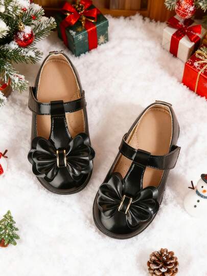 Elegant And Cute Bow Mary Jane Flats For Toddlers And Little Girls, Suitable For Autumn/Winter Party Or Christmas Party Dress Matching