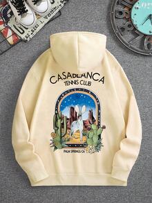 Men's Cactus Desert Graphic Print Thermal Lined Hoodie, Fashionable Street Style For Autumn/Winter, Long Sleeve Top - Apricot - View 4