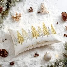 1pc Christmas Minimalist Golden Christmas Tree & Snowflake Decorative Pillow Cover, Single-Sided Soft Peach Velvet Fabric, 30*50cm/40*60cm Cushion Cover For Modern Sofa, Indoor Decor, Party Decoration, Gift