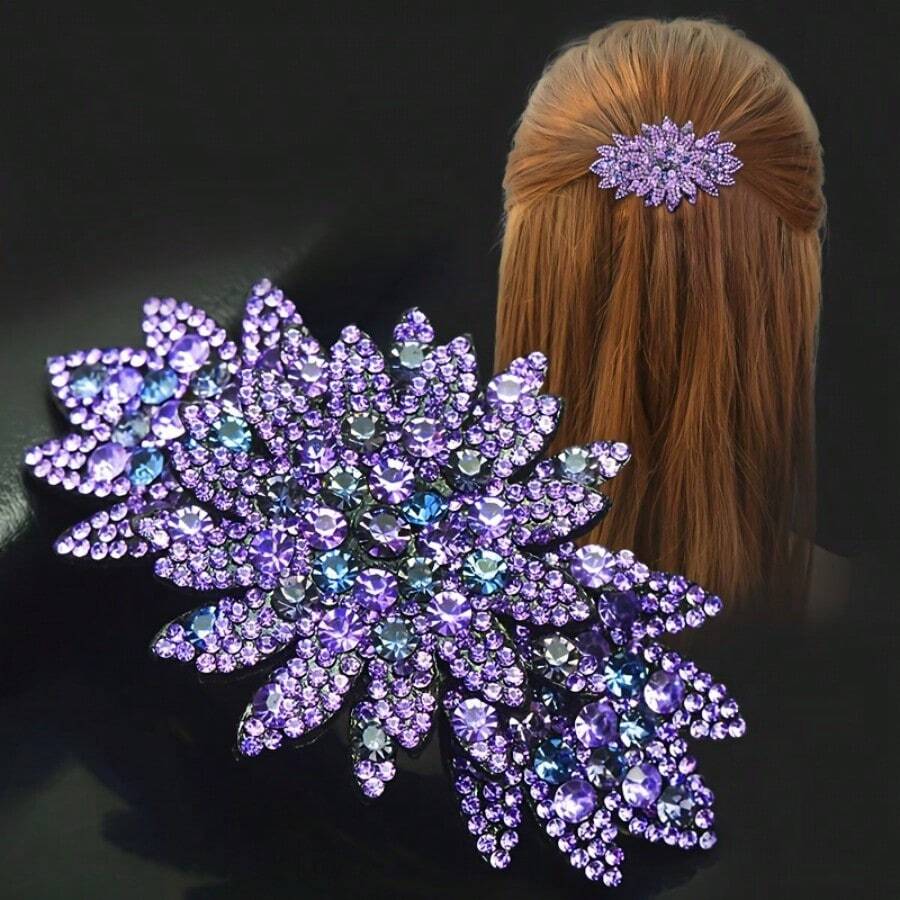 Elegant Vintage Feng Shui Diamond Hairpin - Alloy, Rectangle Floral Pattern For Ponytail And Updo Hairstyles - Màu tím - Xem 1