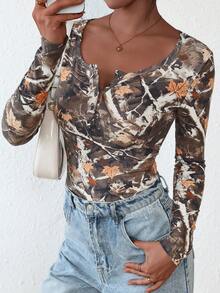 Women's Autumn Long-Sleeved Henry Shirt T-Shirt Button Ribbed Knit Fashion Tight Basic Top Shirt - Họa tiết kaki - Xem 7