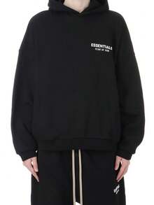 Essentials 男士连帽套头衫 休闲街头风 保暖 常规版型 长袖 罗纹袖口 纯黑色 Logo 日常秋冬款 XXS-2XL 192HO246250F - 黑色 - 查看 3
