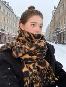 Bufanda retro con estampado de leopardo, chal/envolvente grueso y cálido con flecos para mujer, invierno
