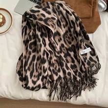 Bufanda retro con estampado de leopardo, chal/envolvente grueso y cálido con flecos para mujer, invierno