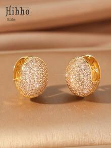 Hihho 1 Pair Luxury Cubic Zirconia Encrusted 3D Egg-Shaped Earrings, Fashionable & Elegant Jewelry Gift For Women - Egg-shaped - View 5