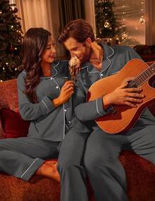Couple Matching Pajamas 100% Cotton Long Sleeve Sleepwear Button Down Loungewear Pjs Set S-XXLhalloween - 深灰色 - 查看 3