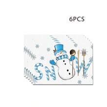 1/4/6 pièces Dessous de plat décoratifs avec bonhomme de neige portant un chapeau Top de forme bleu, décoré de feuilles de houx et de baies rouges, enveloppé dans une écharpe rayée bleu et blanc, avec des gants bleus imprimés