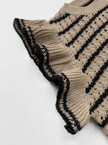 Women's Crochet Knit Striped Sweater Vest Lightweight Crewneck Ruffles Cap Sleeve Top Nutmeg Color  Striped  Colorblock    Casual    Rib-Knit  Ruffle    Vacation - 黑多色 - 查看 8