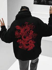 K-GLORY 男士连帽衫，新款秋冬街头风中国龙图案印花抓绒连帽卫衣 - 黑色 - 查看 3