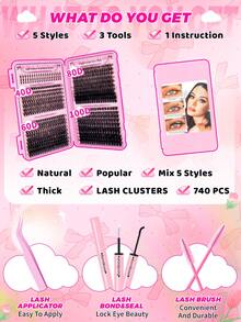 780/280PCS Fluffy D Curl Natural Look Individual Lash Clusters 5 Styles 9-16mm Extra Thick Lashes 40D+60D+80D+100D With Bottom Lash Clusters Natural Look&Ultra Soft&Super Light DIY Eyelash Extension Kit With Makeup Tools Bond And Seal&Lash Tweezers&Lash Brushes For Beginner Use At Home&Daily Life&Travel&Back To School Makeup Tools - màu đen - Xem 4