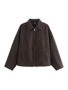 休闲女式外套秋季翻领长袖女士夹克带口袋时尚街头女士外套 - 棕色 - 查看 5