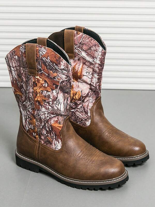 Brown Camouflage Leaf Print Men's Western Boots, Durable Anti-Slip Waterproof High-Top Cowboy Boots, Retro Patchwork Fashionable Outdoor Work Boots For Autumn