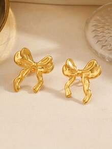 1 Pair Stainless Steel Minimalist Bow Leaf Stud Earrings, Suitable For Women's Daily Wear