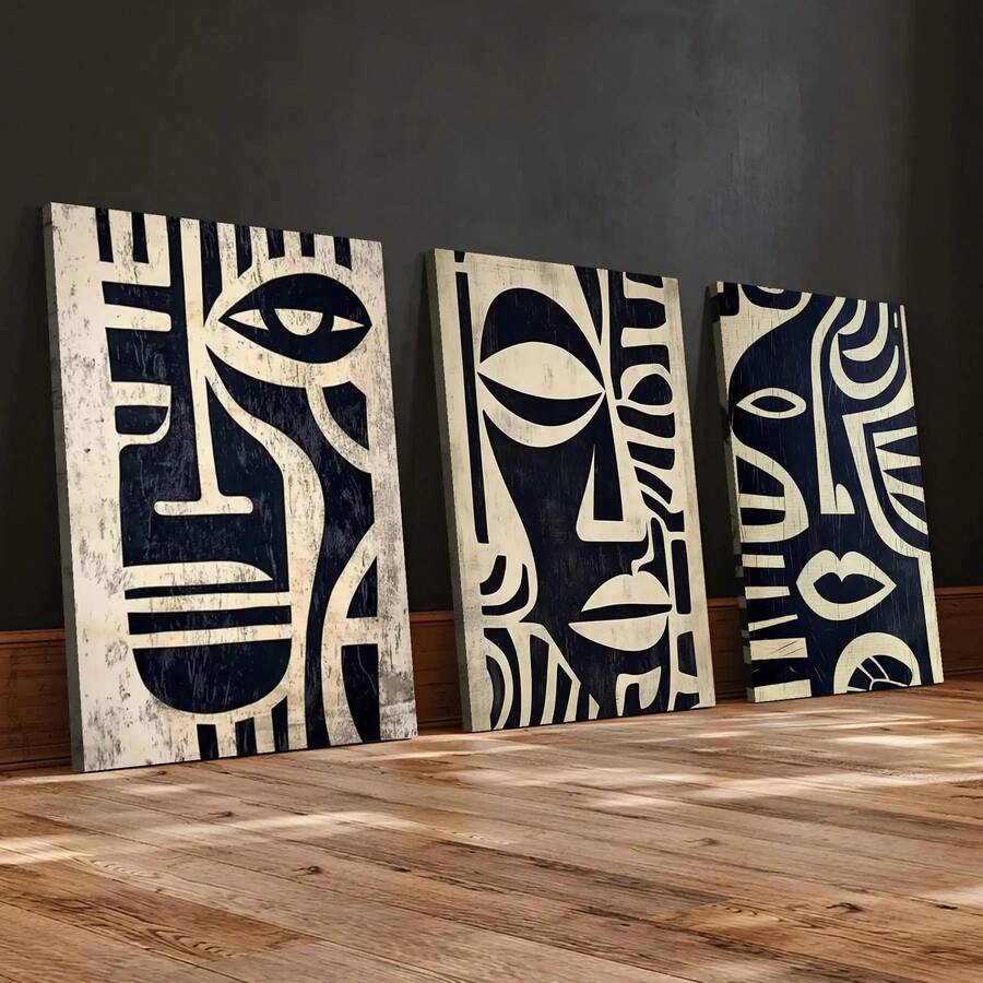 Framed 2D Flat, 3-Piece Set African American Art Canvas Print - Abstract African Portrait Wall Decor, Modern Black And White Wooden Frame Decorative Painting, Suitable Living Room, Bedroom, Office - Indoor/Outdoor Contemporary Housewarming, Minimalist Style, High-Quality Print, Exclusive Interior Designers - 彩色 - 查看 1
