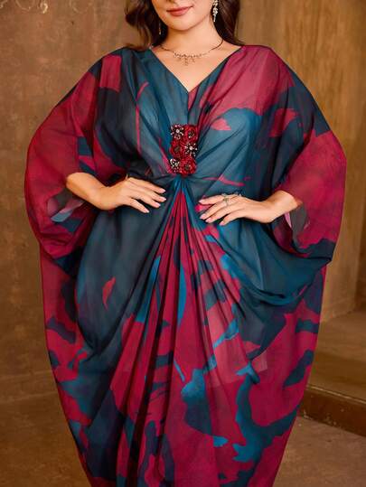 SUPGIR [Random Cut] Heart Neck 3/4 Sleeve Handmade Rhinestone Decor Multi-Color Chiffon Elegant Party Evening Dress