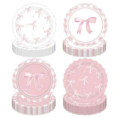 Juego de vajilla desechable con tema de lazo rosa, incluye 8 platos de papel rosa de 7 y 9 pulgadas, 16 servilletas con lazo, adecuado para decoración de fiestas con tema rosa, recuerdos de fiesta, decoración de cumpleaños, baby shower, decoración de cocina, revelación de género, celebraciones festivas, artículos para fiestas