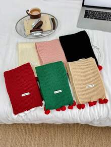 1pc Kids Christmas Pom Pom Ribbed Scarf, Minimalist Letter Print, Unisex Warm Neck Warmer For Autumn/Winter - A - View 3