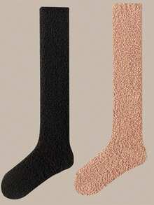 3双装女士高级过膝袜 - 柔软珊瑚绒，厚实保暖，透气吸汗，可机洗，纯色，适合秋冬季户外活动，圣诞礼物