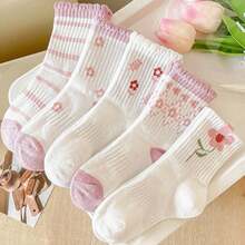 5 pares de calcetines de media caña con adorno de encaje floral para niñas, de moda, aptos para primavera/otoño, tallas para edades de 6-12 meses, 1-2 años, 2-3 años, 3-8 años - Multicolor - Ver 11
