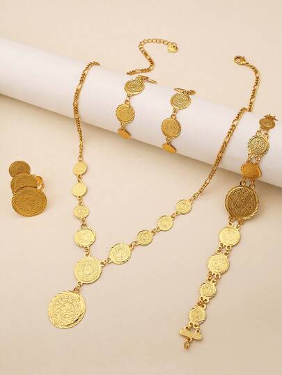 5 Stücke/Set Retro minimalistischer Goldmünzen Schmuckset mit strukturierten Mustern aus Ost-Saudi-Arabien. Kupferschmuckset geeignet für den täglichen Gebrauch von Frauen.