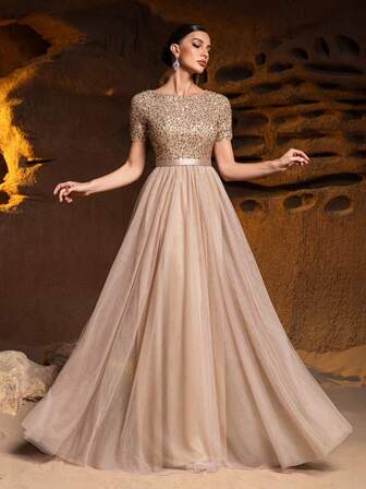 Faeriesty Elegant Formal Evening Gown With Sequin Embellished Bodice & Contrast Layered Tulle Hem | A-Line Prom Wedding Party Dress