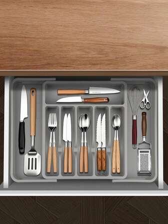 1 pieza Caja organizadora de cubiertos con tapa, caja de almacenamiento de cubiertos, bandeja de almacenamiento para cajón de cocina, material de plástico PP, adecuada para encimera de cocina, almacenamiento en cajón de gabinete, organizador de compartimentos para utensilios, palillos y herramientas