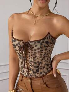 Apperloth A Sexy Leopard Print Waist Cincher With Underwire, Open Back Design, Front Lace-Up, Metal Eyelet, Bodysuit, Suitable For Valentine's Day, Carnival Costumes, Outerwear - Brown - View 3