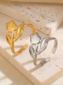 1pc Stainless Steel Minimalist Floral Tulip Design Ring, Suitable For Women's Daily Wear