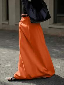 Plus Size Elegant A-Line Long Skirt, Woven Fabric, Non-Stretch, Comfortable Fit - Orange - View 3