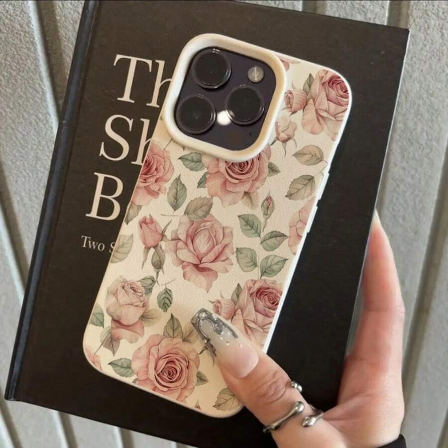 1pc Vintage Art Style Soft Pink Rose Floral TPU Phone Case Compatible With IPhone// - White - View 1