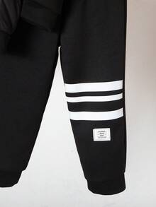 2pcs Boys Casual Fleece Jacket And Pants Set, Striped Print Pattern, Letter Graphic, Zip-Up Hooded Thick Warm Outerwear And Sweatpants, Comfortable Sporty Outfit Suitable For Outdoor Activities, Autumn/Winter