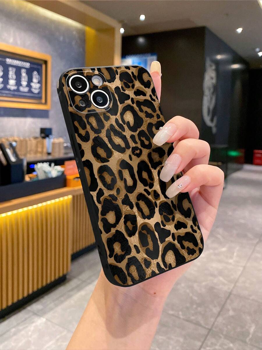 1pc Black TPU Leopard Print Shockproof Full Coverage Phone Case, Minimalist Fashion Versatile Creative Dustproof Waterproof Soft Shell Compatible With IPhone - Multicolor - View 1