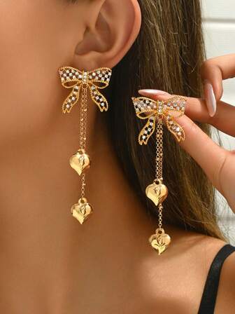 2pcs Elegant Fashion Bow, Hollow Metal Heart Pendant, Burgundy Heart Glass Rhinestone, Star & Moon Combo, Copper Earrings With Crystal Chain, Faux Pearl Baroque Beaded Metal Ball Chain Tassel, Hollow Heart Glass Rhinestone Bowknot And More Classic Earrings For Women, Suitable For All Seasons, Valentine's Day, Thanksgiving And Other Holidays