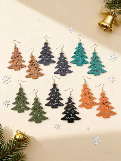 6 Pairs/Set Vintage Colorful Hollow Wooden Christmas Tree Earrings, Christmas Themed Holiday Earring Set