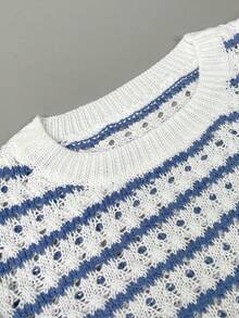 Women's Crochet Knit Striped Sweater Vest Lightweight Crewneck Ruffles Cap Sleeve Top Nutmeg Color  Striped  Colorblock    Casual    Rib-Knit  Ruffle    Vacation - Blue and Multi-color - View 7