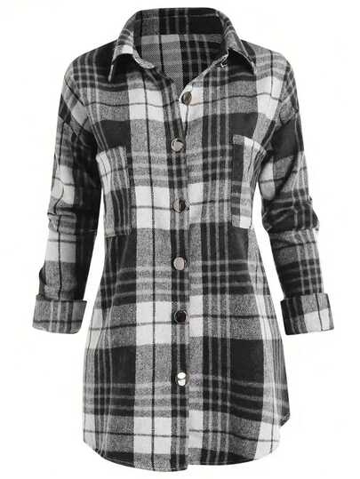 Women's Plaid Single-Breasted Pocket Design Casual Long Sleeve Shirt