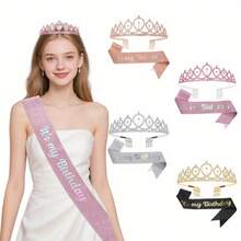 2pcs Birthday Party Decoration Crown Headpiece, It's My Birthday Sash Birthday Gift Party Decoration Party Supplies Set, Suitable For Halloween, Christmas Events And Party Supplies