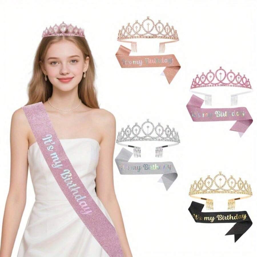 2pcs Birthday Party Decoration Crown Headpiece, It's My Birthday Sash Birthday Gift Party Decoration Party Supplies Set, Suitable For Halloween, Christmas Events And Party Supplies