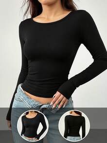 1pc Autumn Fitted Black Crew Neck Elastic Knit Pullover - Women's Basic Undershirt, Suitable For Casual Outfits, Leisure Fashion, Everyday Wear, Autumn Women's Clothing - Black - View 10