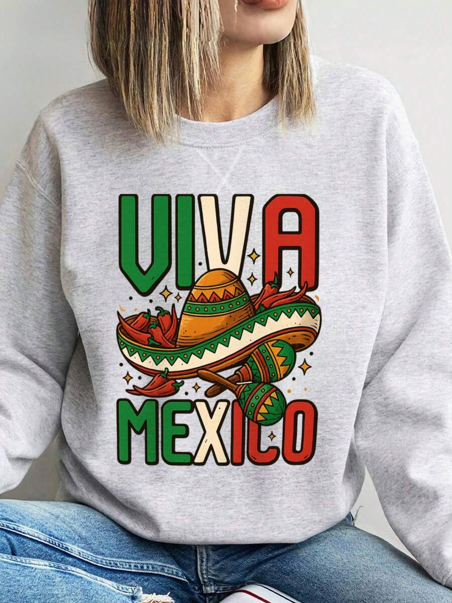 Sudadera grande con cuello redondo, Divertido Cinco De Mayo, Camiseta Gráfica Viva Mexico, Playera Regalo - Camiseta Mexicana, Camiseta De Hombre Cómoda Y Casual, Outfits de otoño y invierno - Gris Claro - Ver 1